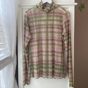 PILCRO MESH PLAID TURTLENECK TOP, Color: Green Motif, Size: S